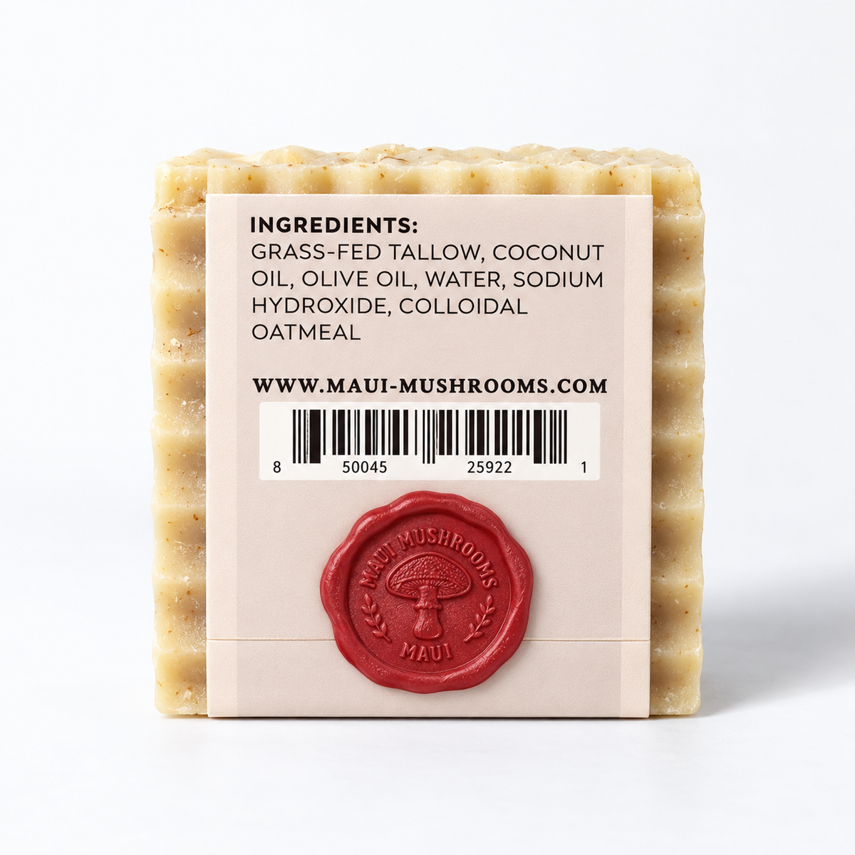 Colloidal Oatmeal soap back with red Maui Mushrooms wax stamp