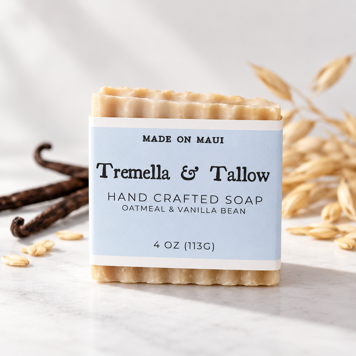 Vanilla Bean & Oatmeal handmade soap styled with oats and vanilla beans