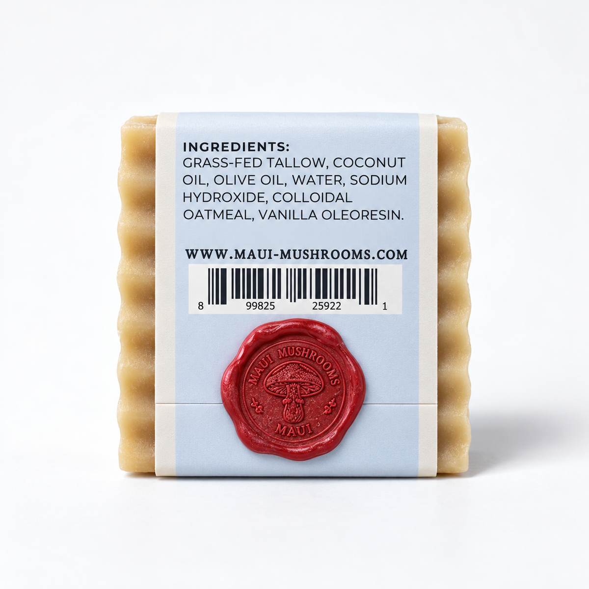 Back of Tremella & Tallow Vanilla Bean & Oatmeal handmade soap with red Maui Mushrooms wax seal