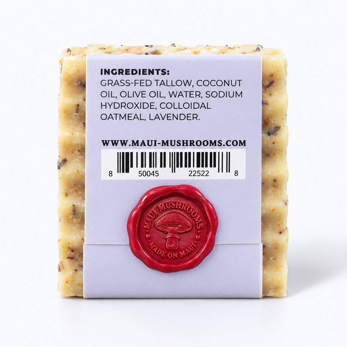 Back of Tremella & Tallow Lavender Oatmeal soap with Maui Mushrooms wax seal