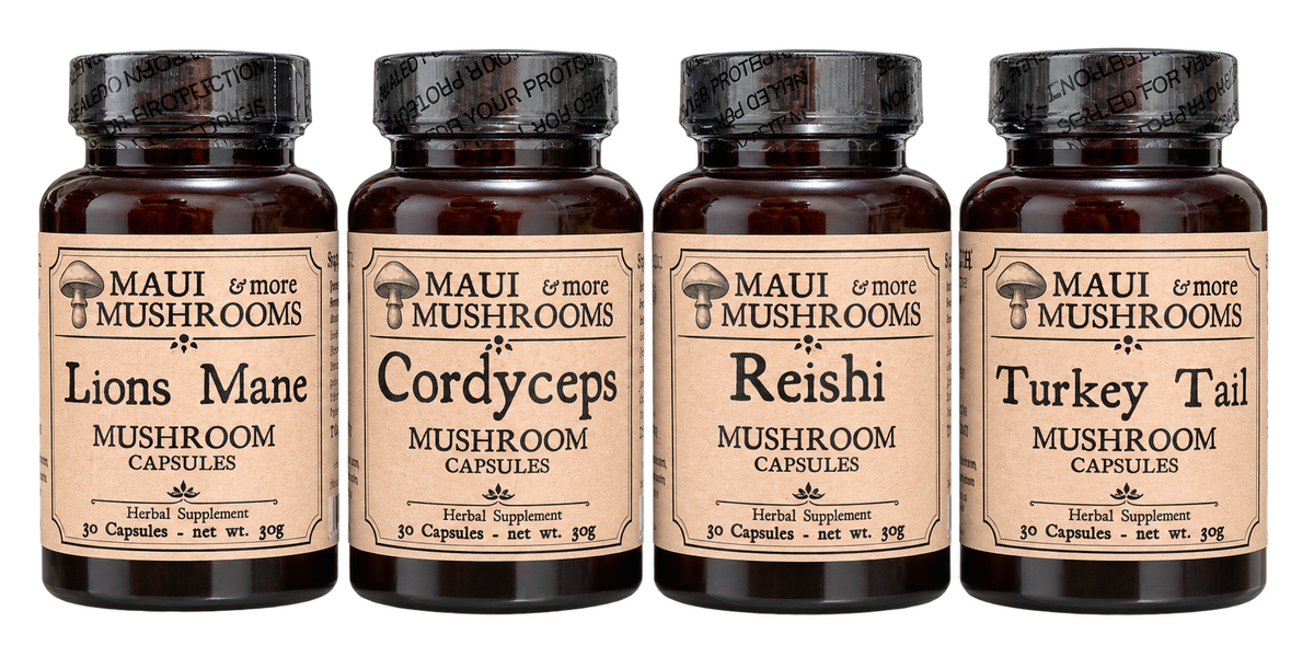 Four Maui Mushrooms & More mushroom capsule bottles: Lion's Mane, Cordyceps, Reishi, and Turkey Tail